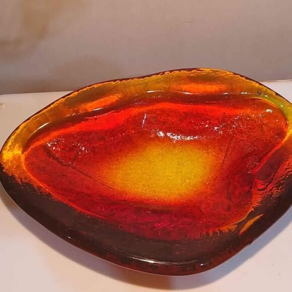 RARE Vtg LE Smith AMBERINA Heavy Glass candy dish key tray yellow orange Red - Picture 2 of 5